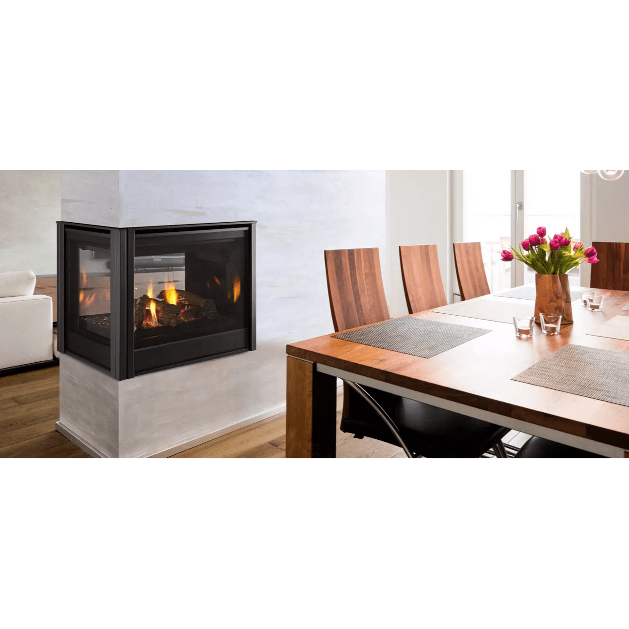 Majestic Pier 36-inch direct vent multi-sided gas fireplace with sleek black frame and glass front.