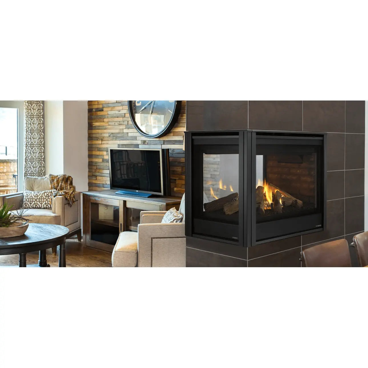 Majestic Pier 36-inch direct vent multi-sided gas fireplace with sleek black frame and glass front.