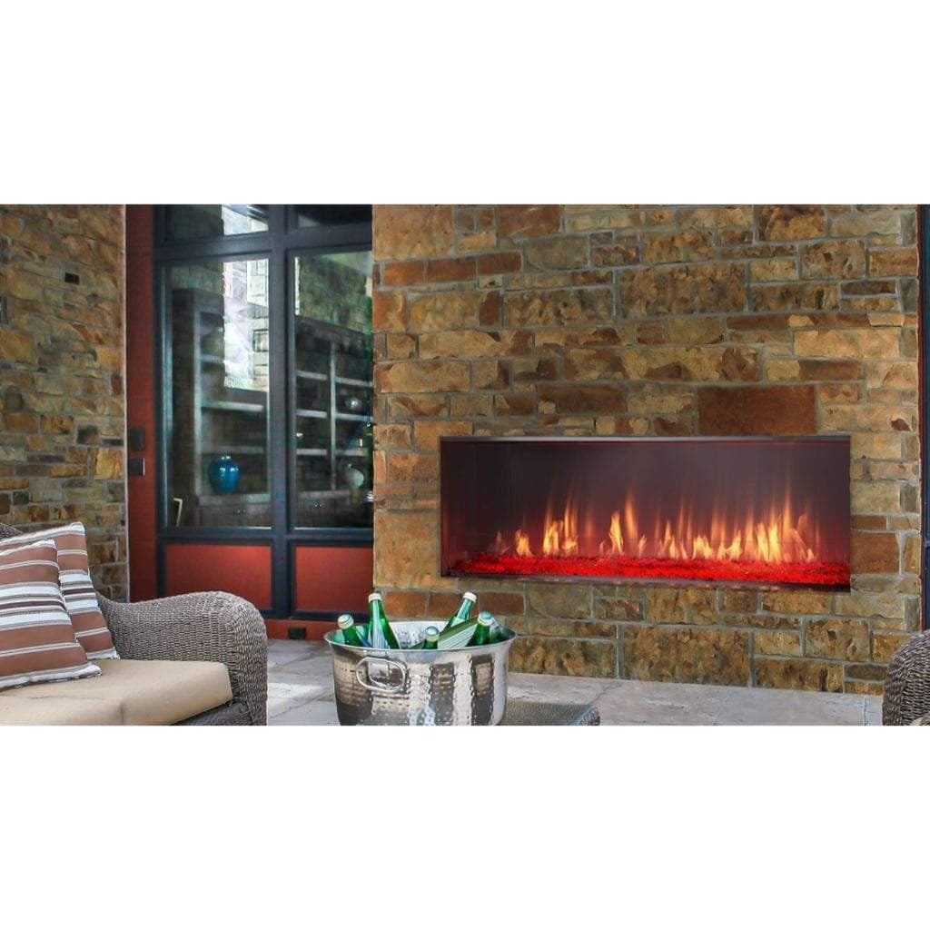 Majestic Lanai 48" see-through outdoor gas fireplace with stone front and stainless steel trim