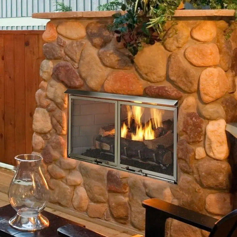 Majestic Villawood 42-inch outdoor wood fireplace with weathered finish and stone accents