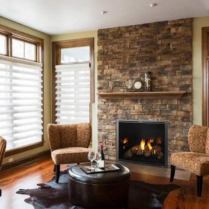 Majestic Marquis II 36" direct vent gas fireplace with glass front and decorative trim