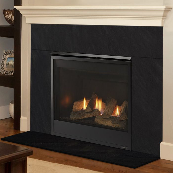 Majestic Mercury 32-inch direct vent gas fireplace with sleek black frame and glass front.