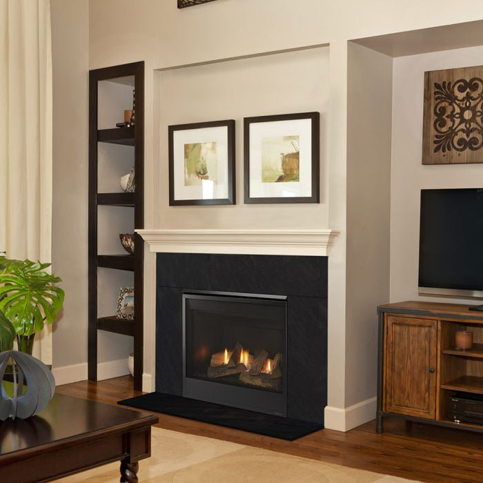 Majestic Mercury 32-inch direct vent gas fireplace with glass front and metal frame.