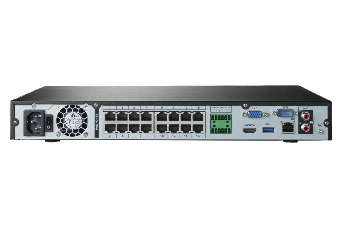 Network video recorder rear panel with Ethernet ports, VGA, HDMI, and audio connections