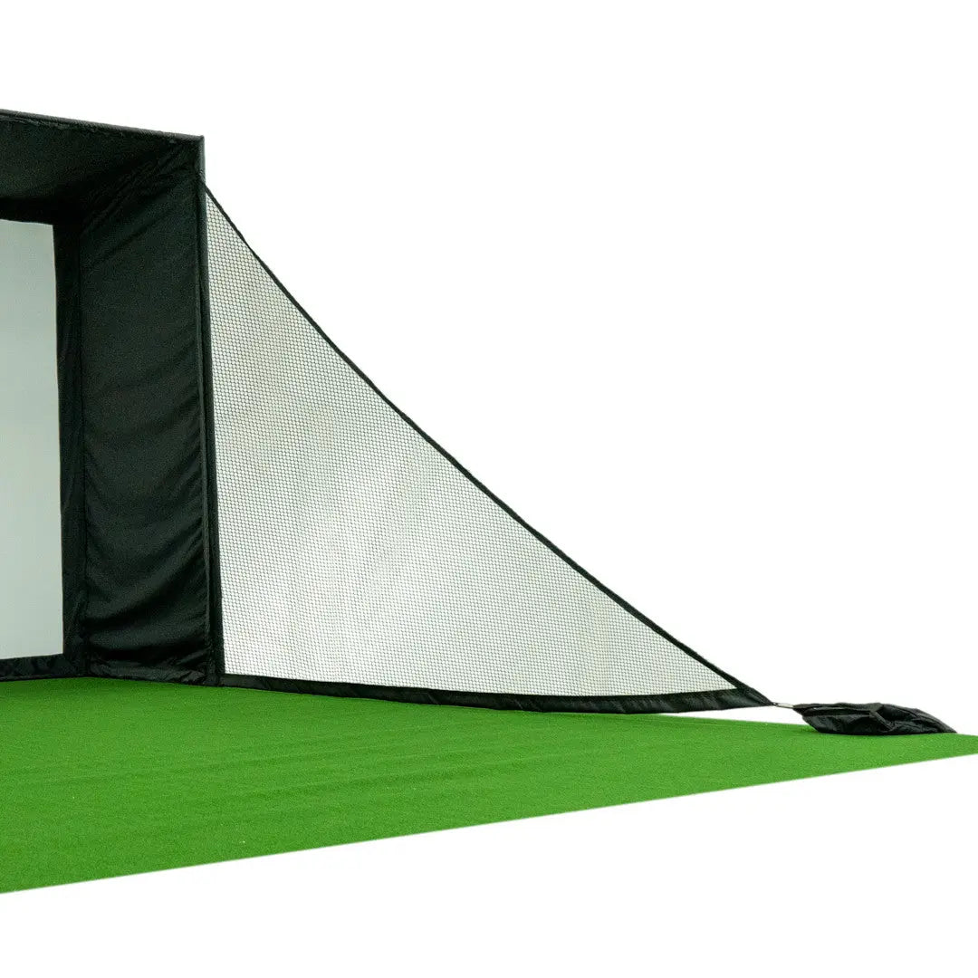 Carl's Place golf simulator net wall extension panel mounted to enclosure frame