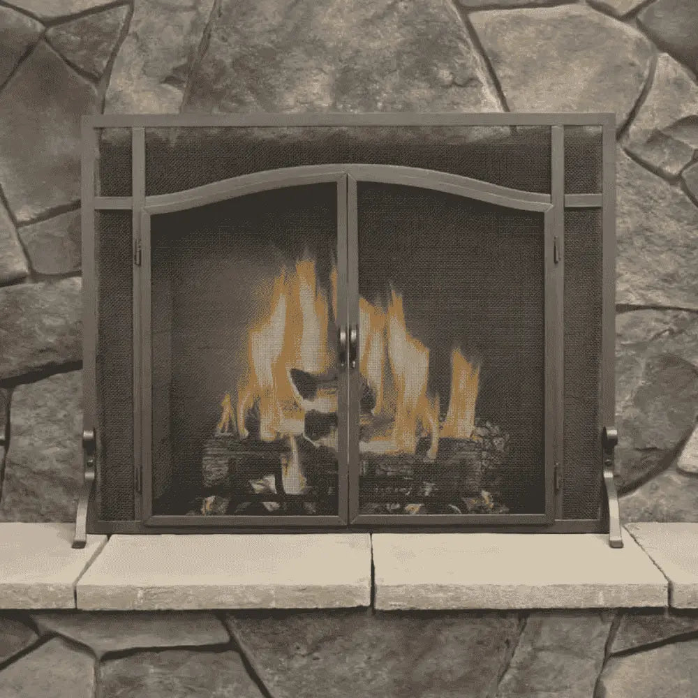 Pilgrim 39 Inch Forged Iron Fireplace Screen with Arched Doors
