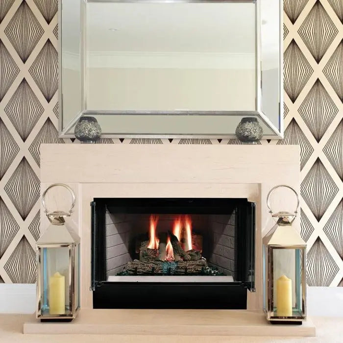Majestic Sovereign 36-inch wood burning fireplace with detailed carvings and glass front