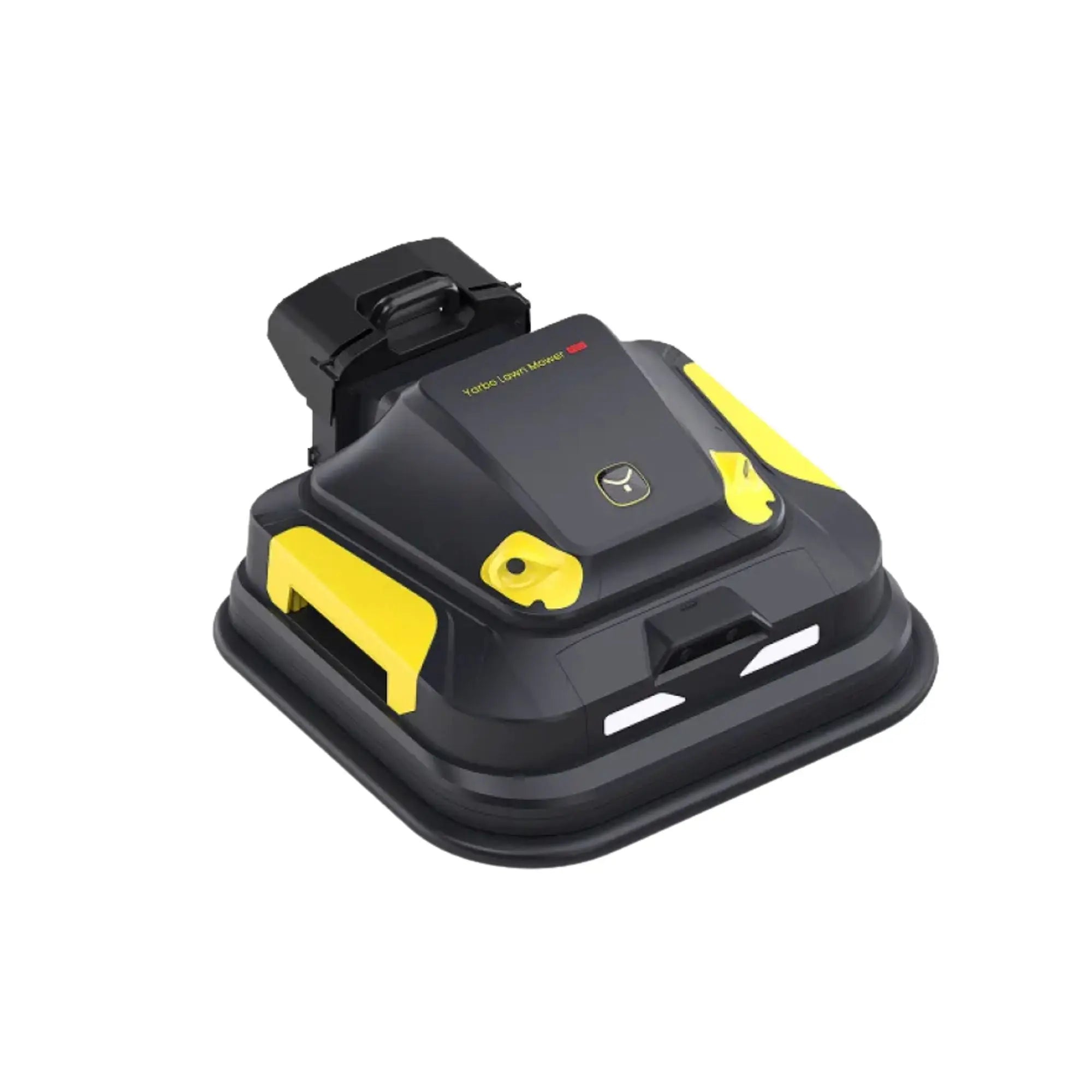 Black and yellow robot vacuum cleaner on a white background