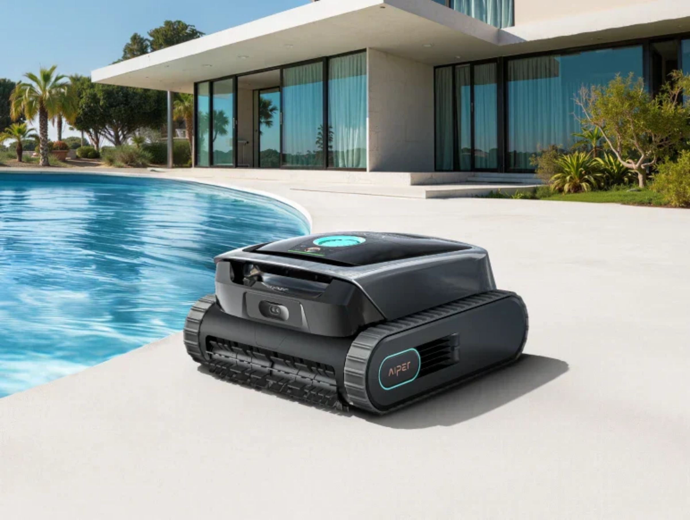 Aiper robotic pool cleaner on pool deck with modern home and swimming pool background