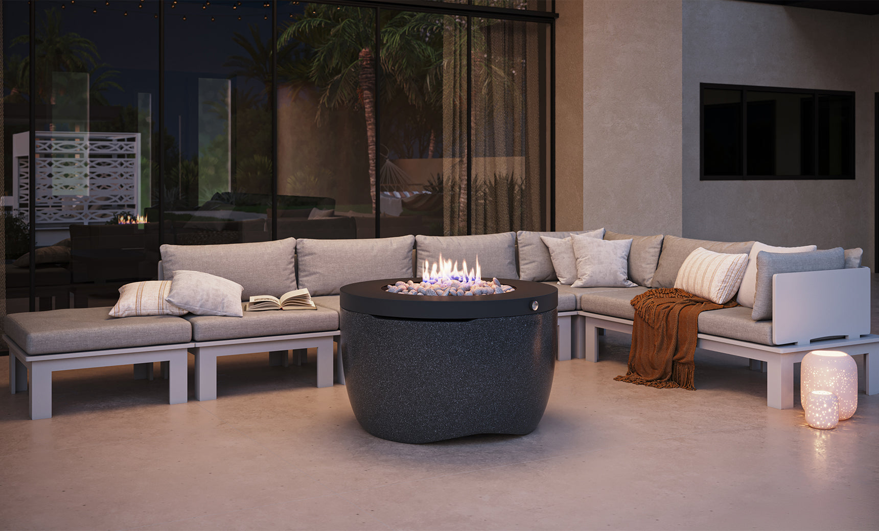 Halo firepit with gray stone surround and blue flame feature