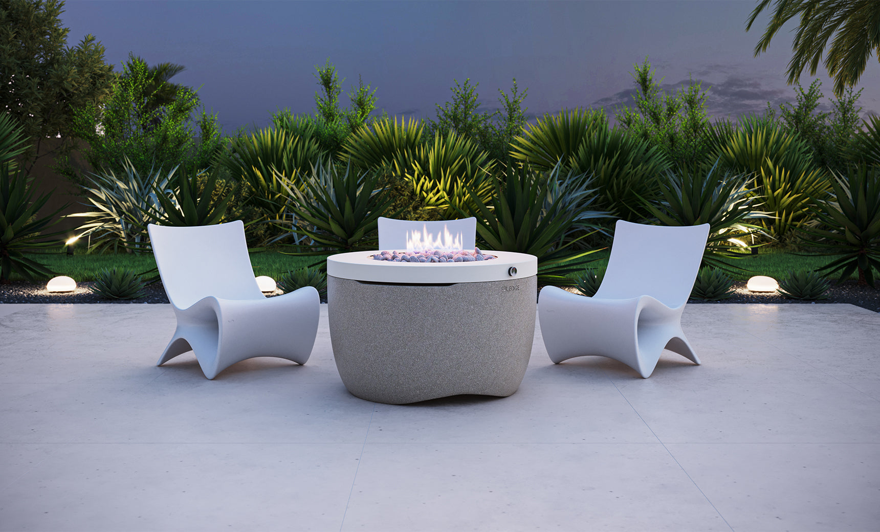 Halo firepit with gray stone surround and blue flame feature