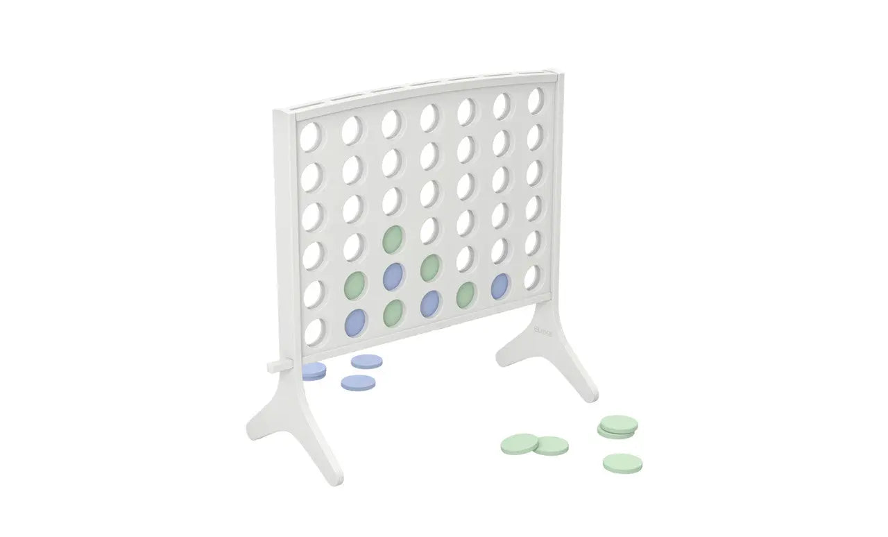 Four colorful wooden game pieces in a row on a wooden board game grid.