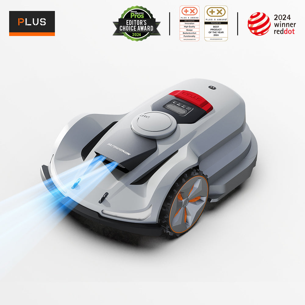 SUNSEEKER Sunsinker X7 Plus Wireless Robot Lawn Mower cutting grass in a garden