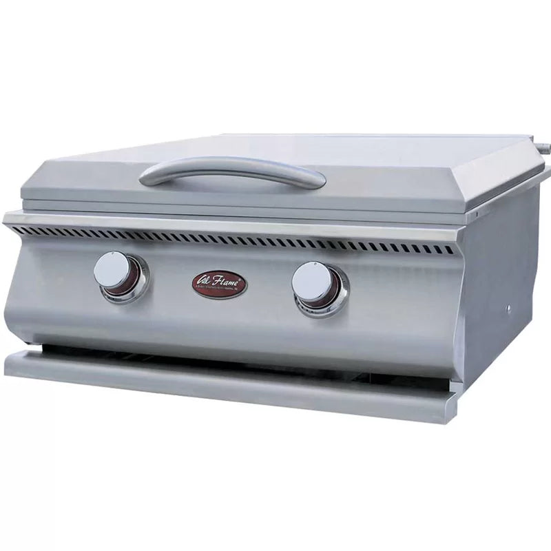 Stainless steel Cal Flame hibachi gas grill on outdoor patio