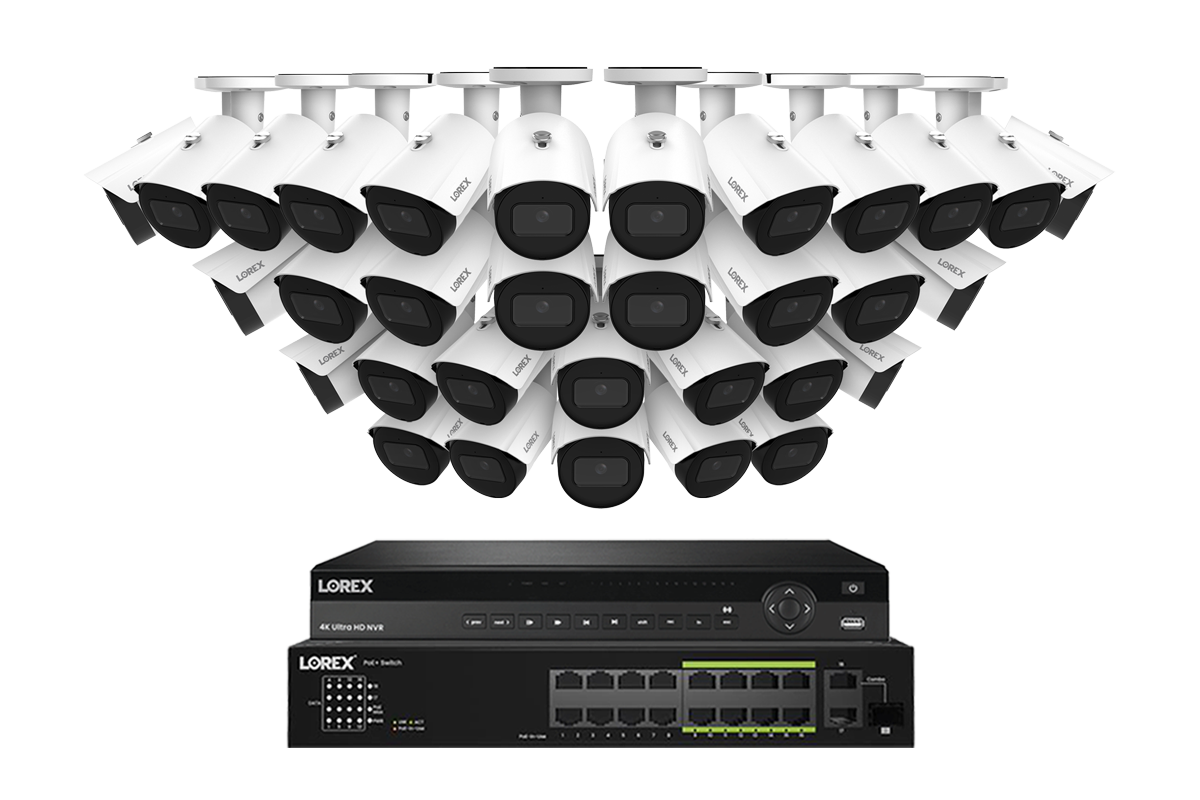 Lorex Elite Series NVR with A4 4MP (2K) IP Bullet Cameras – 4K 32-Channel 8TB Wired System