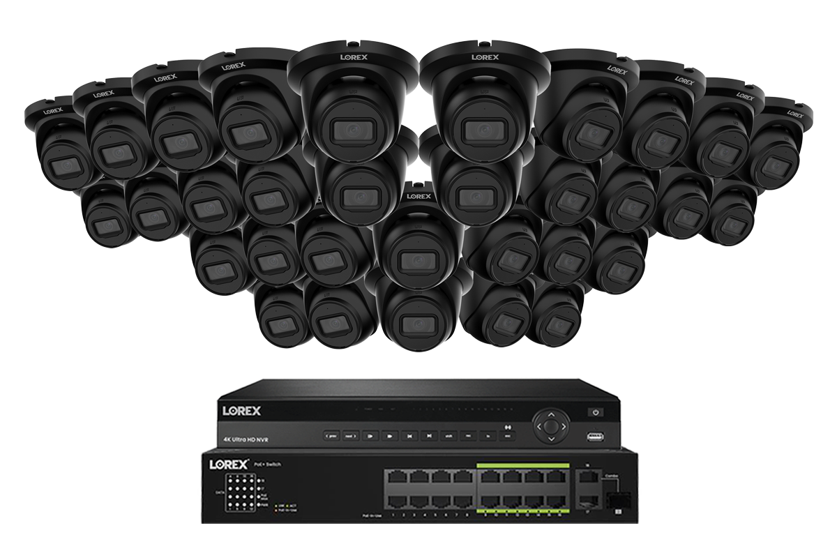 Lorex Elite Series NVR with A4 4MP (2K) IP Turret Cameras – 4K 32-Channel 8TB Wired System