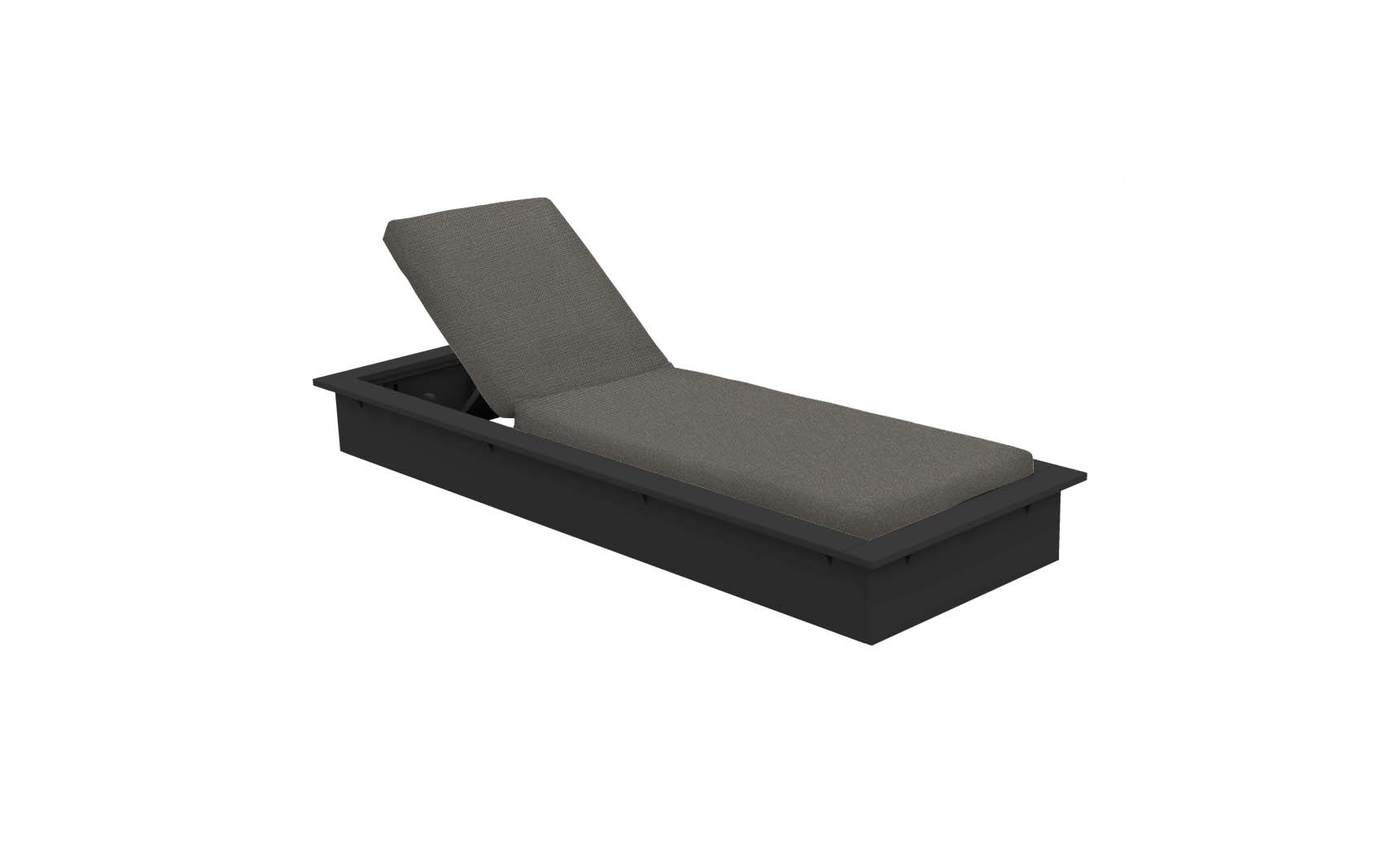 Echo Chaise lounge chair in gray fabric with wooden frame and curved backrest