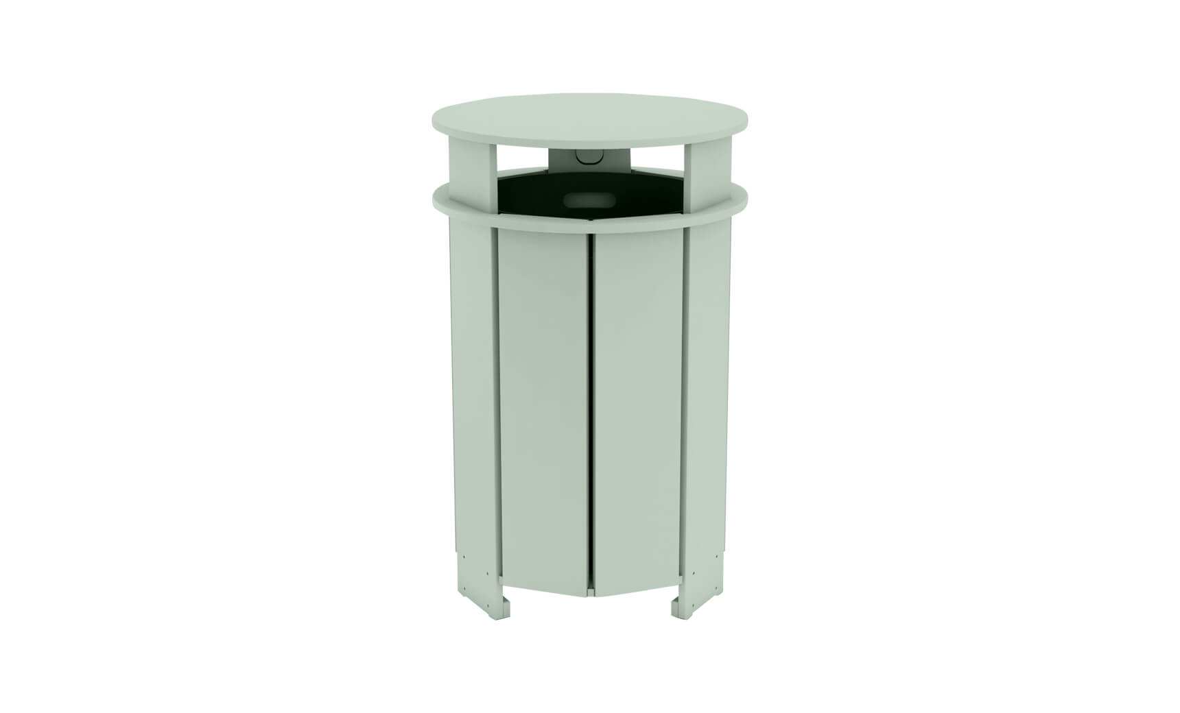 Mainstay gray plastic trash bin with lid closed and four wheels.