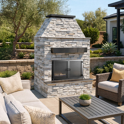 Cal Flame - Durango Modern Outdoor Gas Fireplace w/ Extended Bottom Mantel | Model: FRP905-2 | AQVINA World - Aqvina LLC