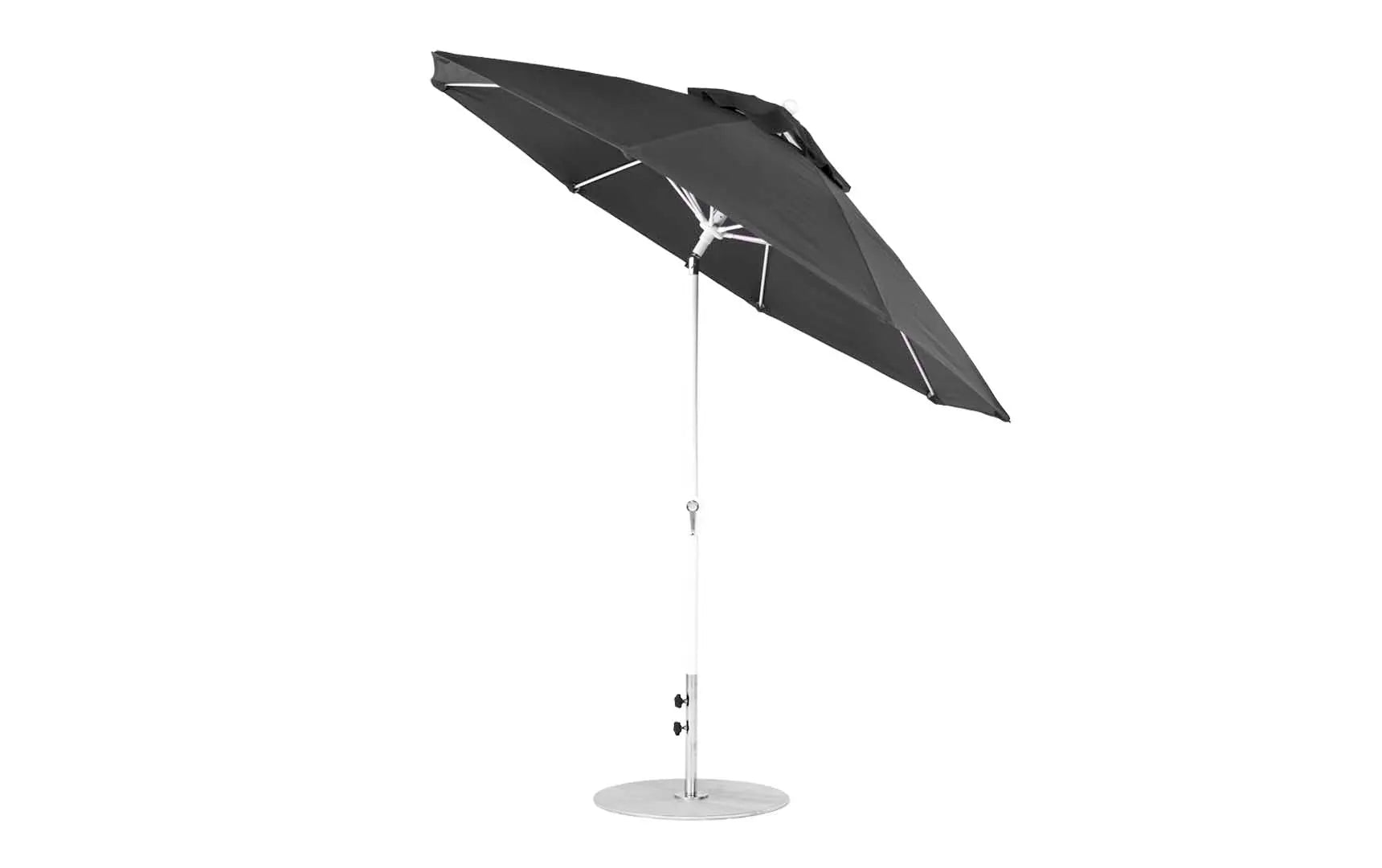 9-foot octagonal crank auto tilt essential fiberglass umbrella in white with black ribs and silver canopy