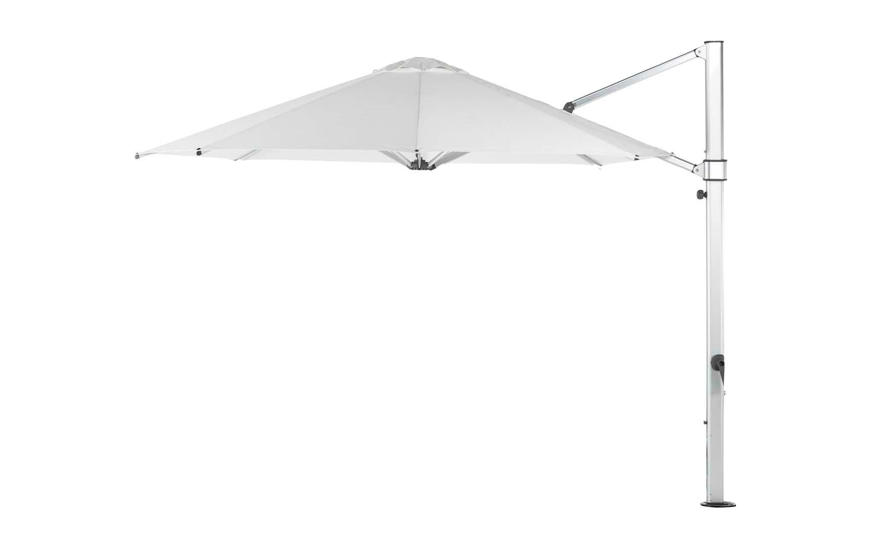 11-foot octagonal umbrella with clear cantilever design and silver ribs