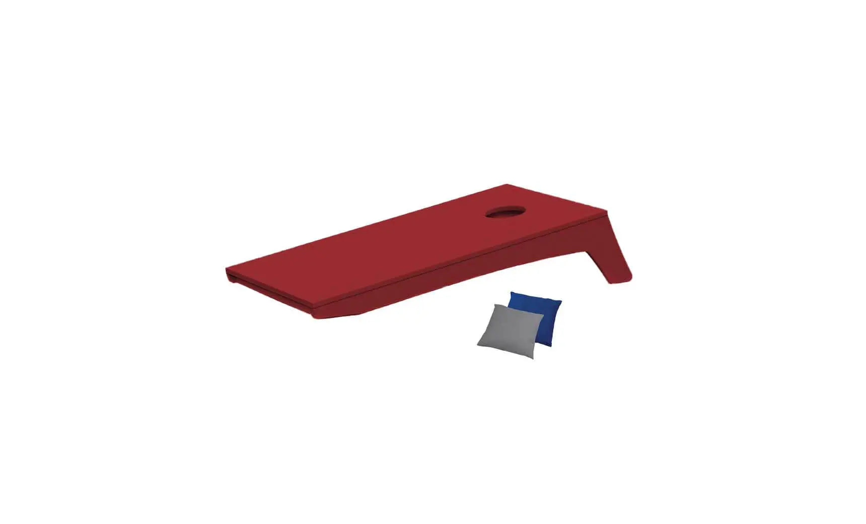 Cornhole board with red and black bags and game pieces next to it.