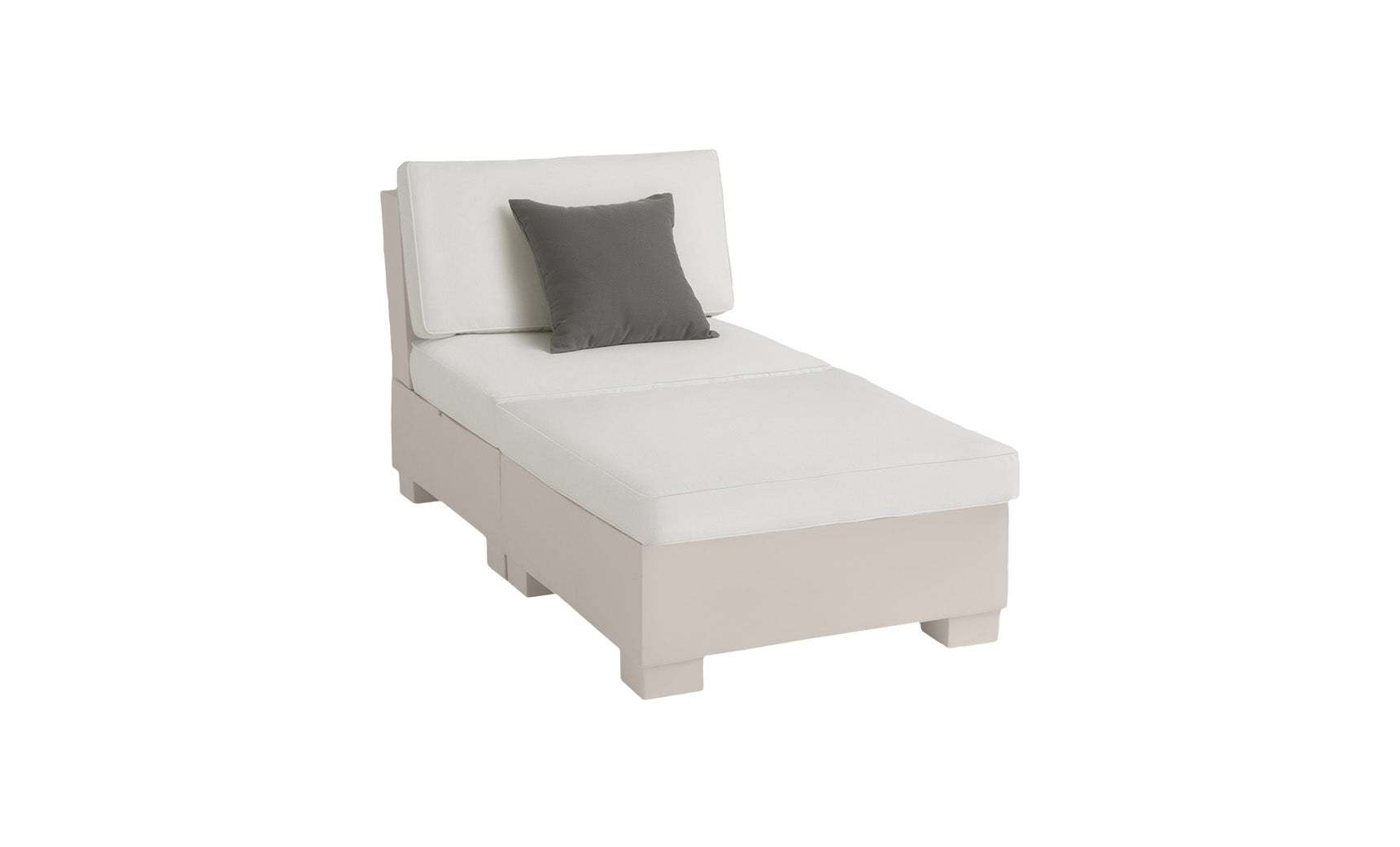 Signature Sectional 2 Piece Sun Chair in beige fabric with curved armrests and cushioned seat.