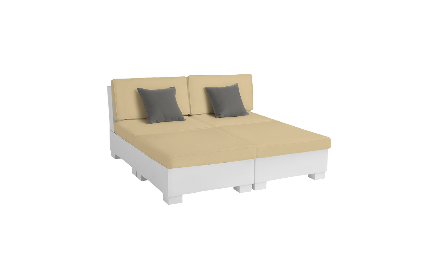 Signature Sectional 4 Piece Sun Chair in beige fabric with wooden框架结构，四个部分可调节。