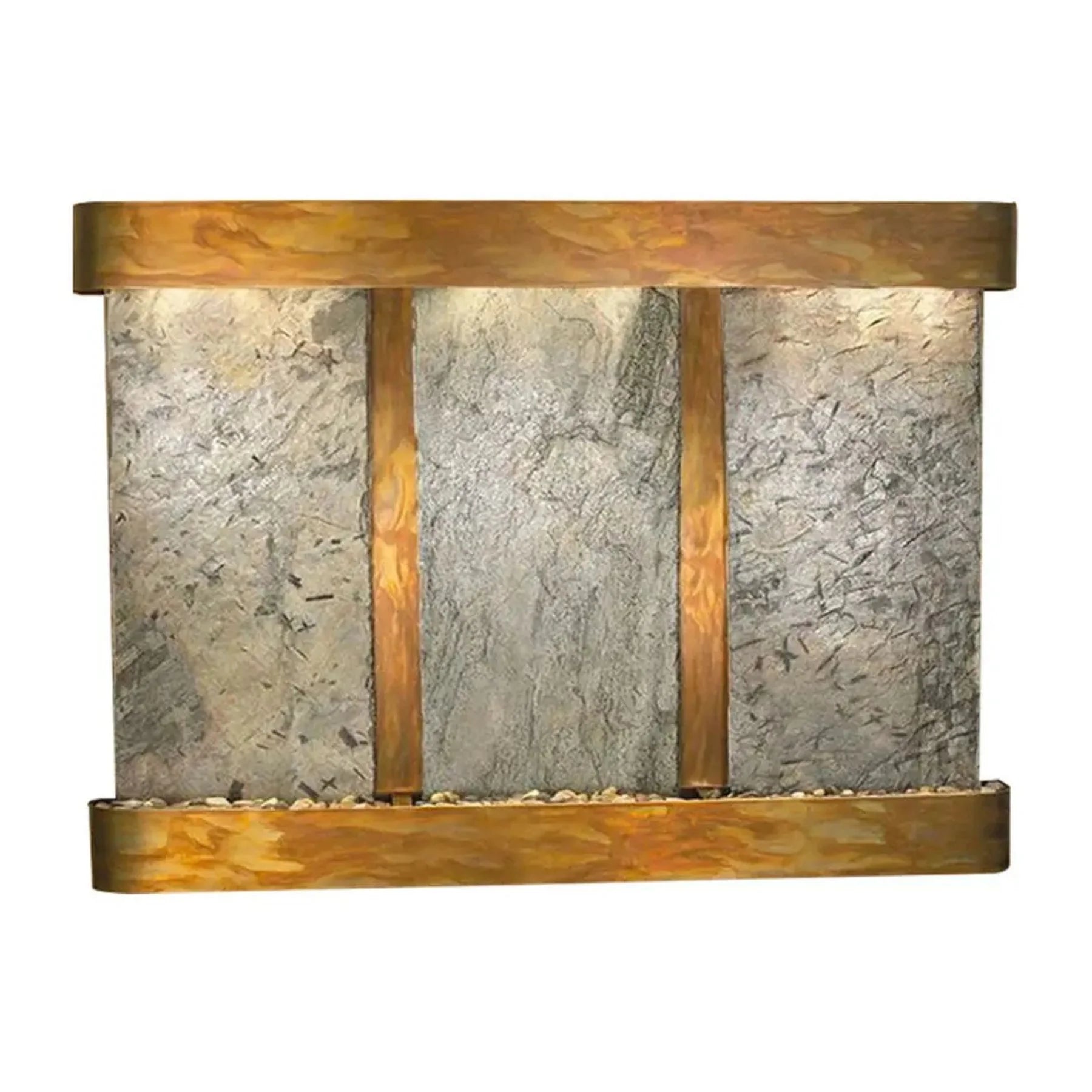 A rectangular wall-mounted water feature with textured gray stone panels, three vertical copper-toned metal dividers, and a warm gold-toned metal top and bottom frame, shown against a plain white background.