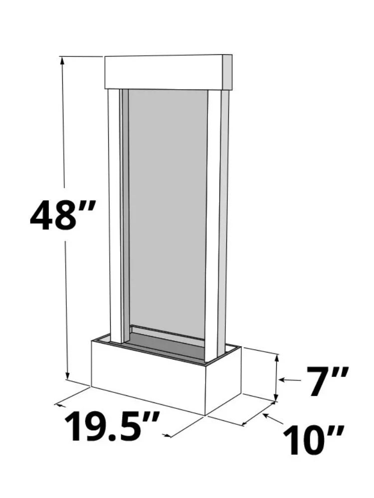 A dimensional line drawing of a window shade or blind frame with measurements labeled 48 inches tall, 19.5 inches wide, 10 inches deep, and a 7-inch top rail, shown on a white background.