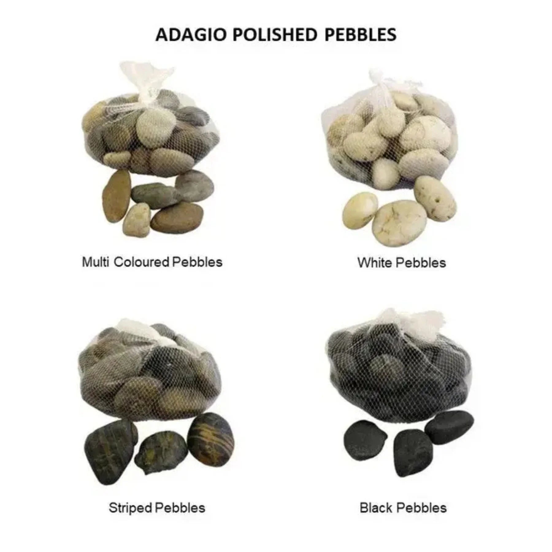Four bags of Adagio Polished Pebbles in different colors on a white background.