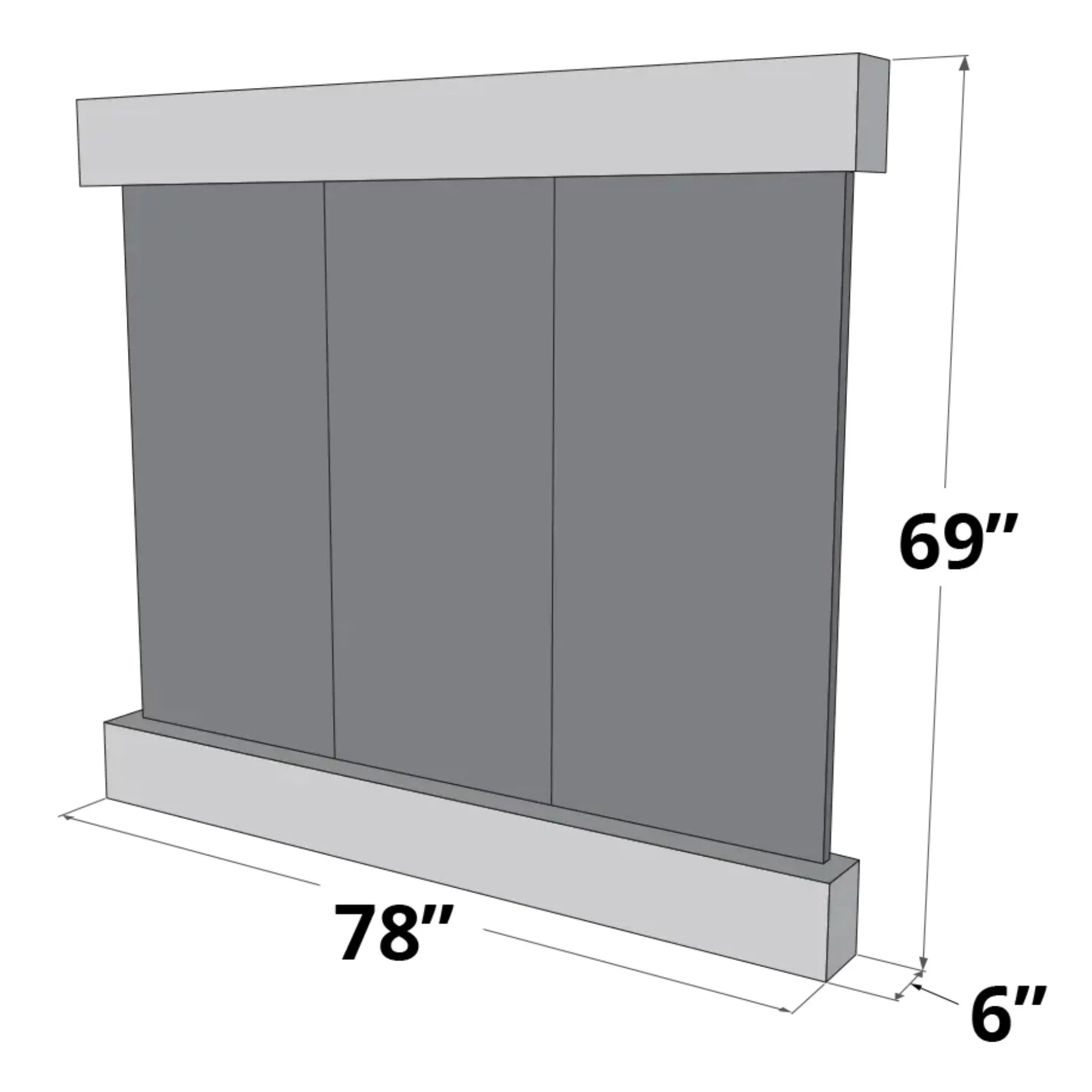 A 3D dimensional diagram of a wall-mounted three-panel screen or partition, showing dimensions of 78 inches wide, 69 inches high, and a 6-inch base depth, on a white background.