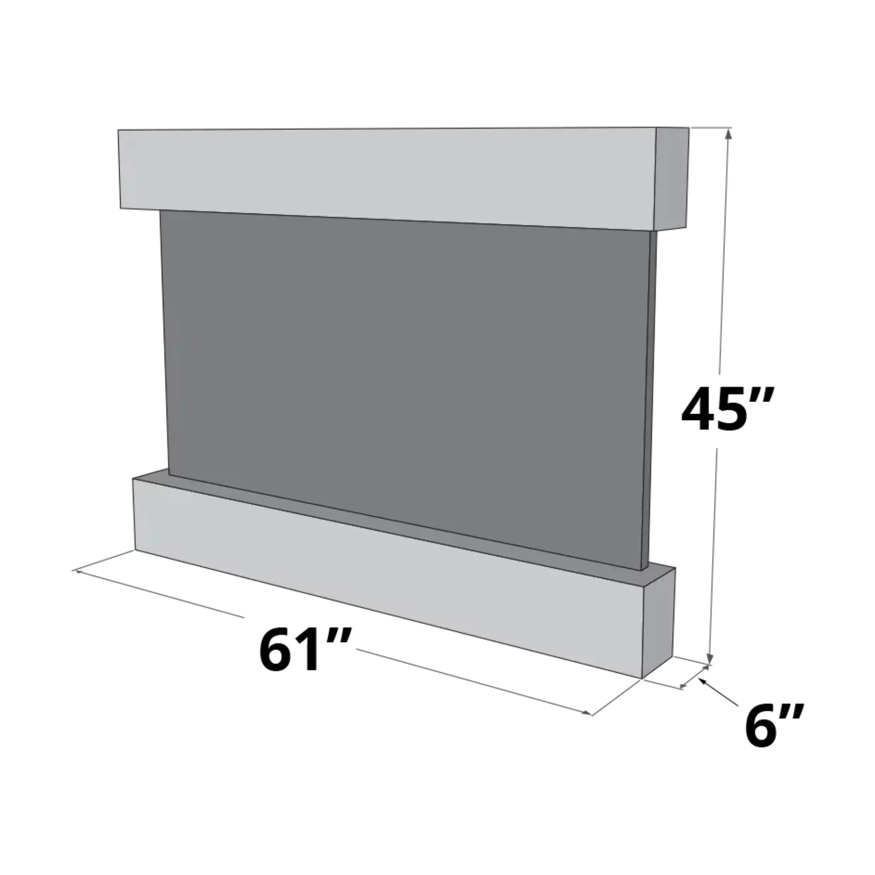 A dimensional diagram of a rectangular wall-mounted fireplace or vent unit, showing measurements of 61 inches wide, 45 inches tall, and 6 inches deep, with gray side panels and light gray top and bottom sections on a white background.