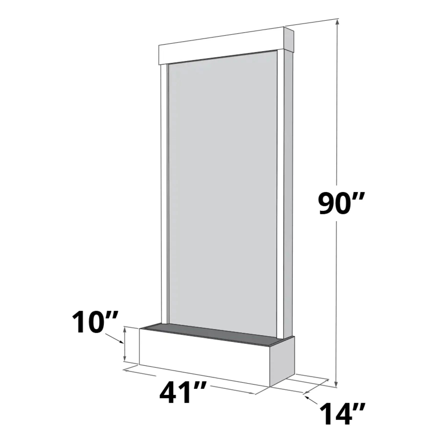 A dimensional line drawing of a tall rectangular wall-mounted fixture or panel, shown in gray and white with measurement labels: 90 inches tall, 41 inches wide, 10 inches deep, and 14 inches from the base.