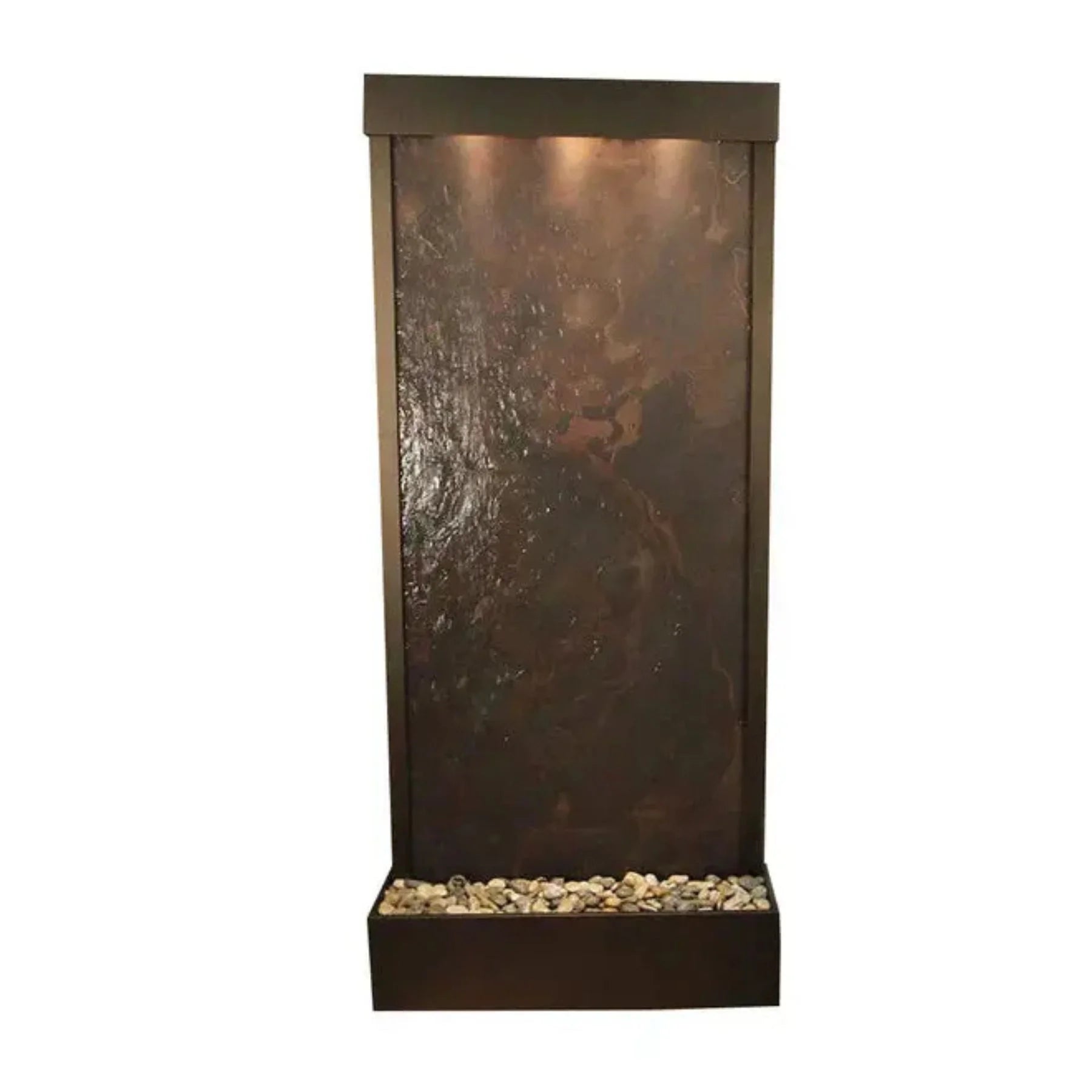 Wall-mounted water fountain with textured panel and pebbles on a white background