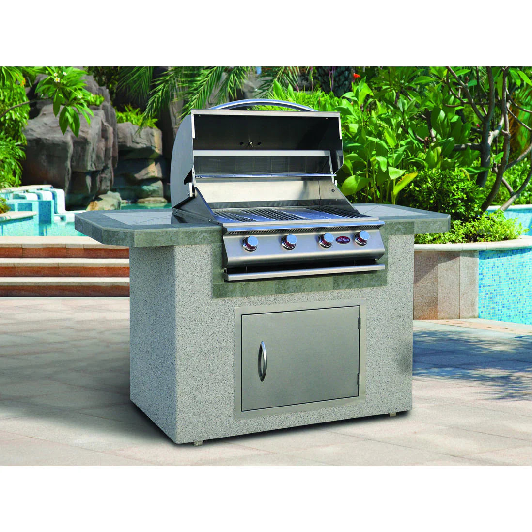 Cal Flame BBQ Island BBK-601 with sleek stainless steel grill and modern control panel