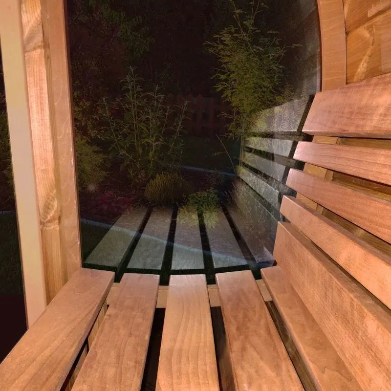 SaunaLife 4-Person Half-Moon Panoramic Outdoor Barrel Sauna Model E7W | AQVINA World - Aqvina LLC