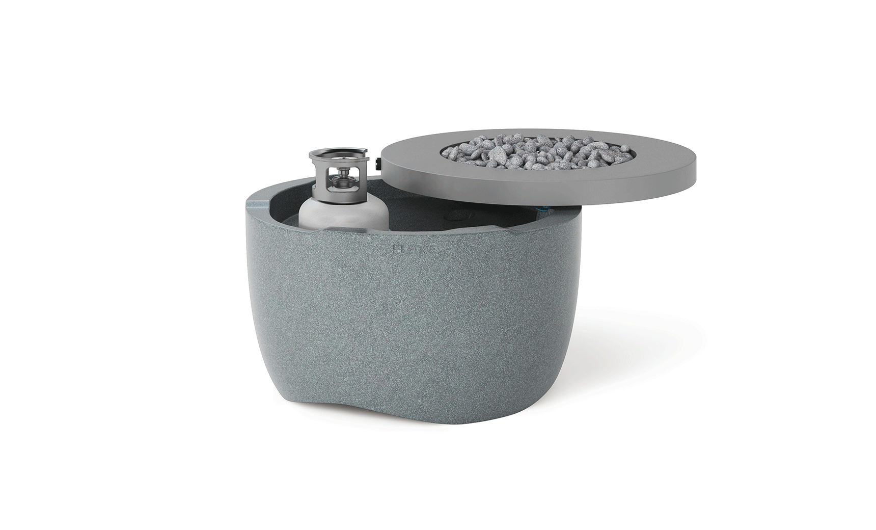 Halo firepit with a gray stone surround and blue flame feature