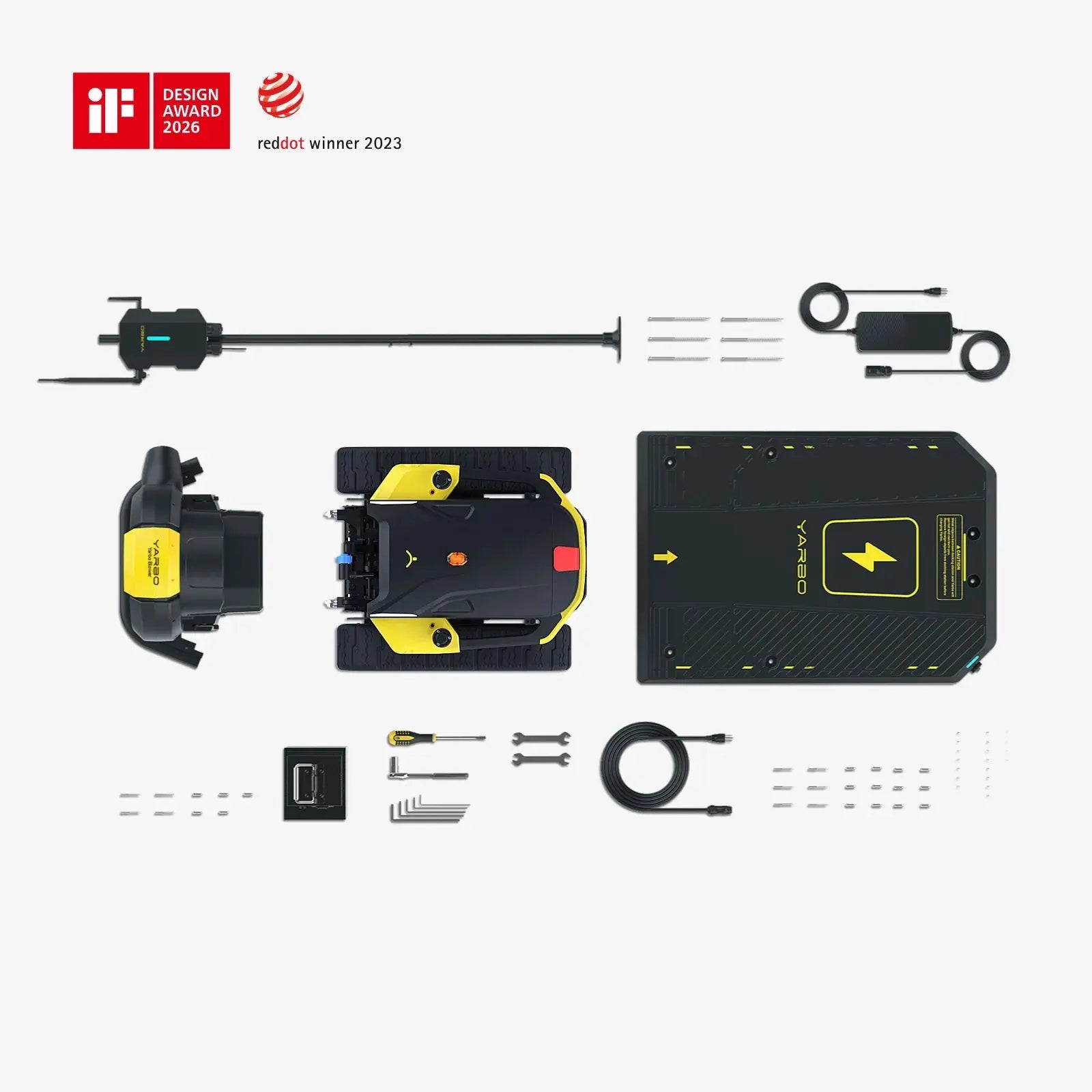 Technical diagram of a product with various components and branding logos on a white background.