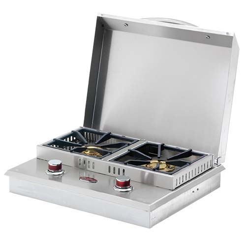 Stainless steel Cal Flame 2 burner side by side flat burner on an outdoor kitchen countertop