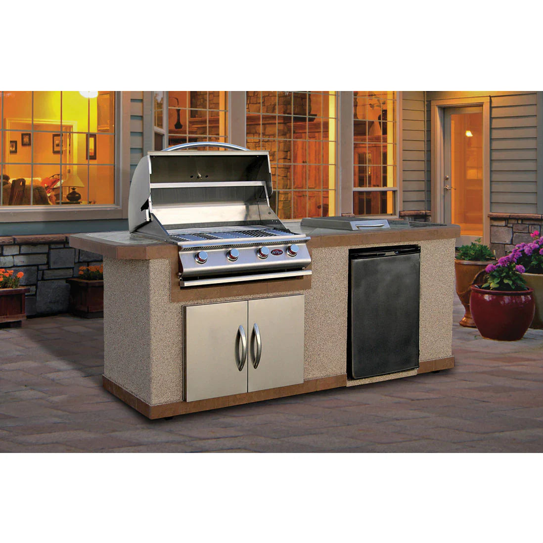 Cal Flame Bel Air Q 8ft Grill Island with porcelain tile countertop and American stucco base