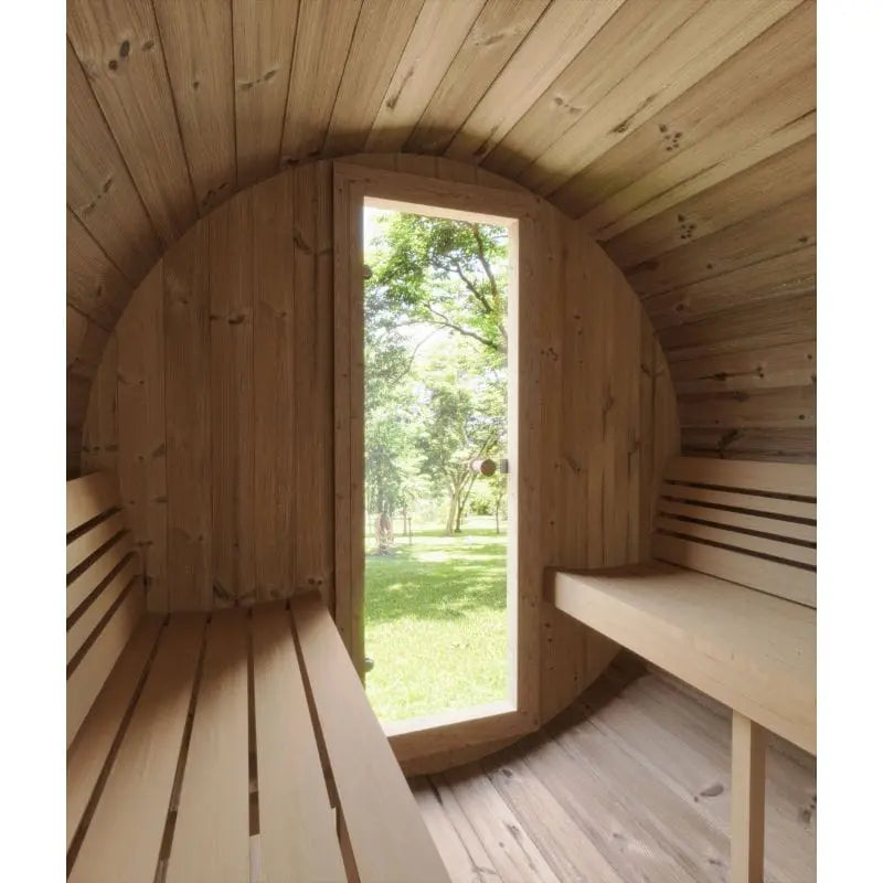 SaunaLife 4-Person Half-Moon Panoramic Outdoor Barrel Sauna Model E7W | AQVINA World - Aqvina LLC
