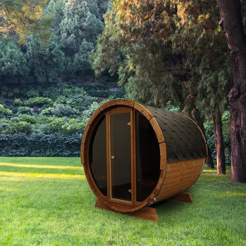 SaunaLife 4-Person Half-Moon Panoramic Outdoor Barrel Sauna Model E7W | AQVINA World - Aqvina LLC
