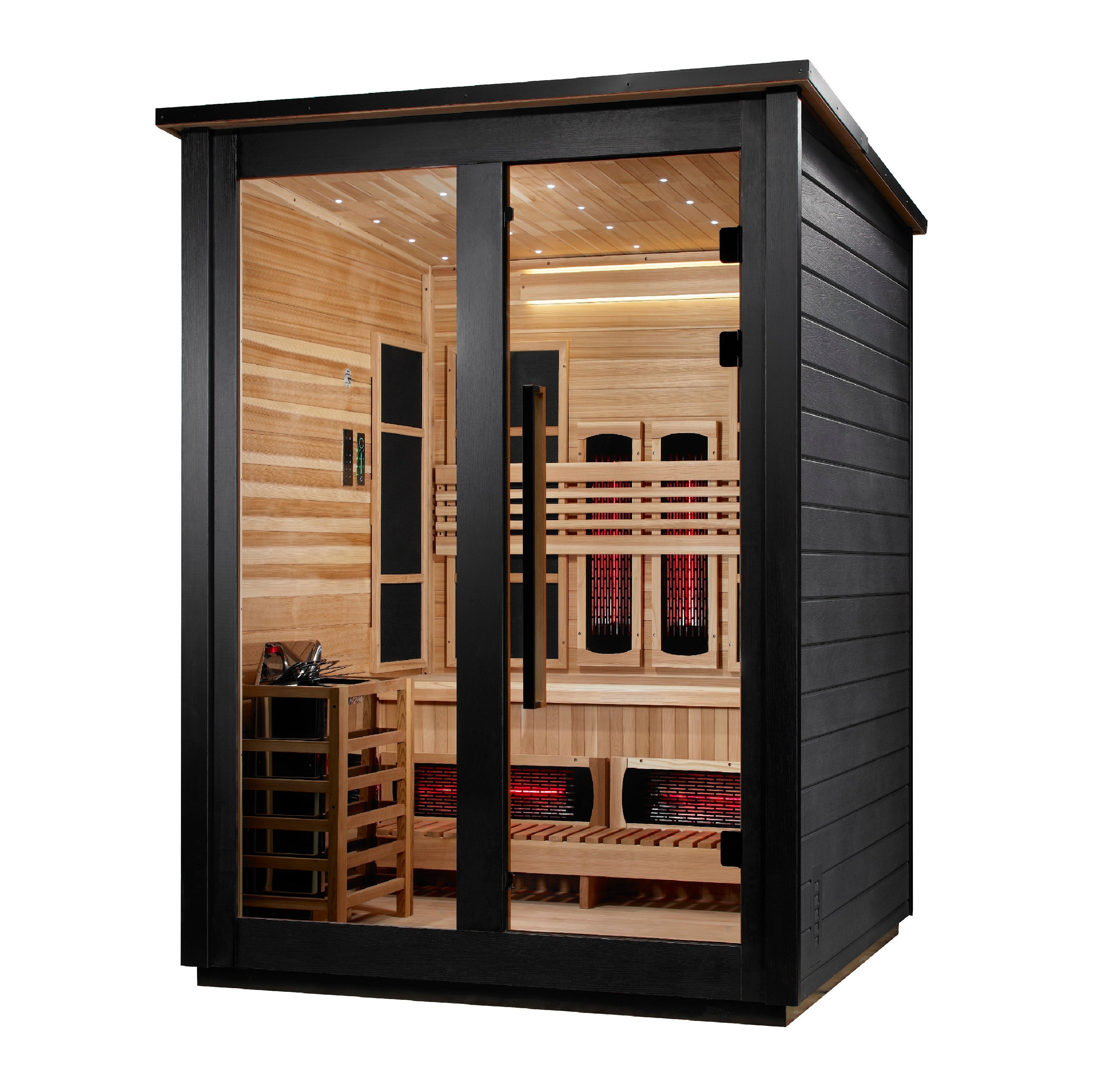 Golden Designs "Loviisa Black" 3-Person Outdoor PureTech™ Full Spectrum Hybrid Sauna — Flat Roof (2026 Model) | GDI-8523-04