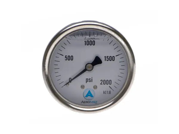Liquid-filled pressure gauge 0 to 2000 PSI 1.5 inch diameter center back mount 1/8 NPT for misting pump systems