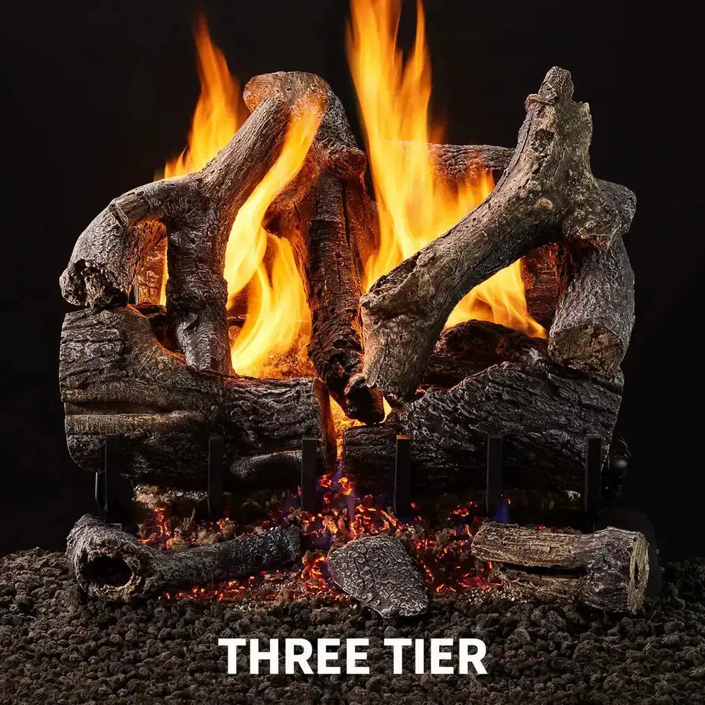 Majestic Grand Oak vented gas log set with realistic oak detailing and natural flame design.