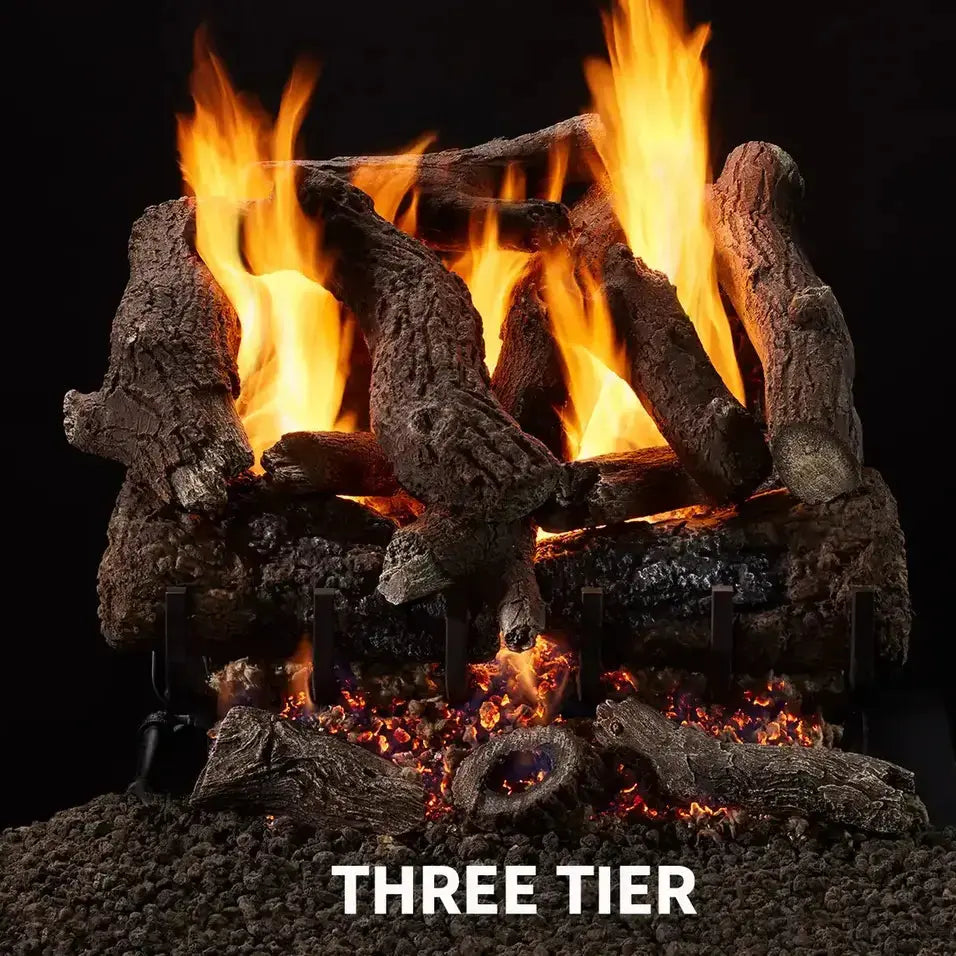 Majestic Heritage Oak vented gas log set with realistic oak detailing and natural flame tips