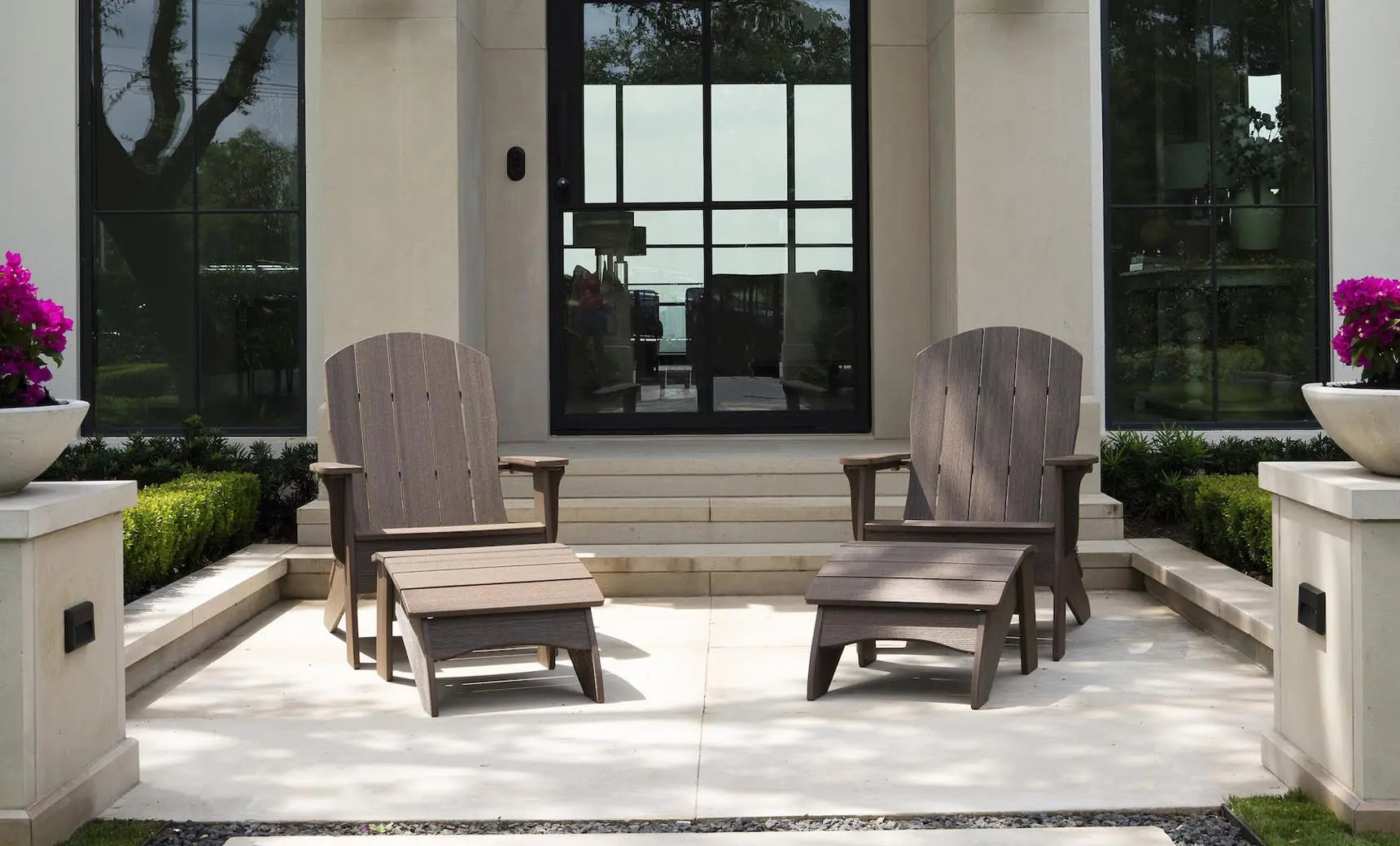 Legacy Adirondack wooden ottoman with woven brown rope detail and tapered legs