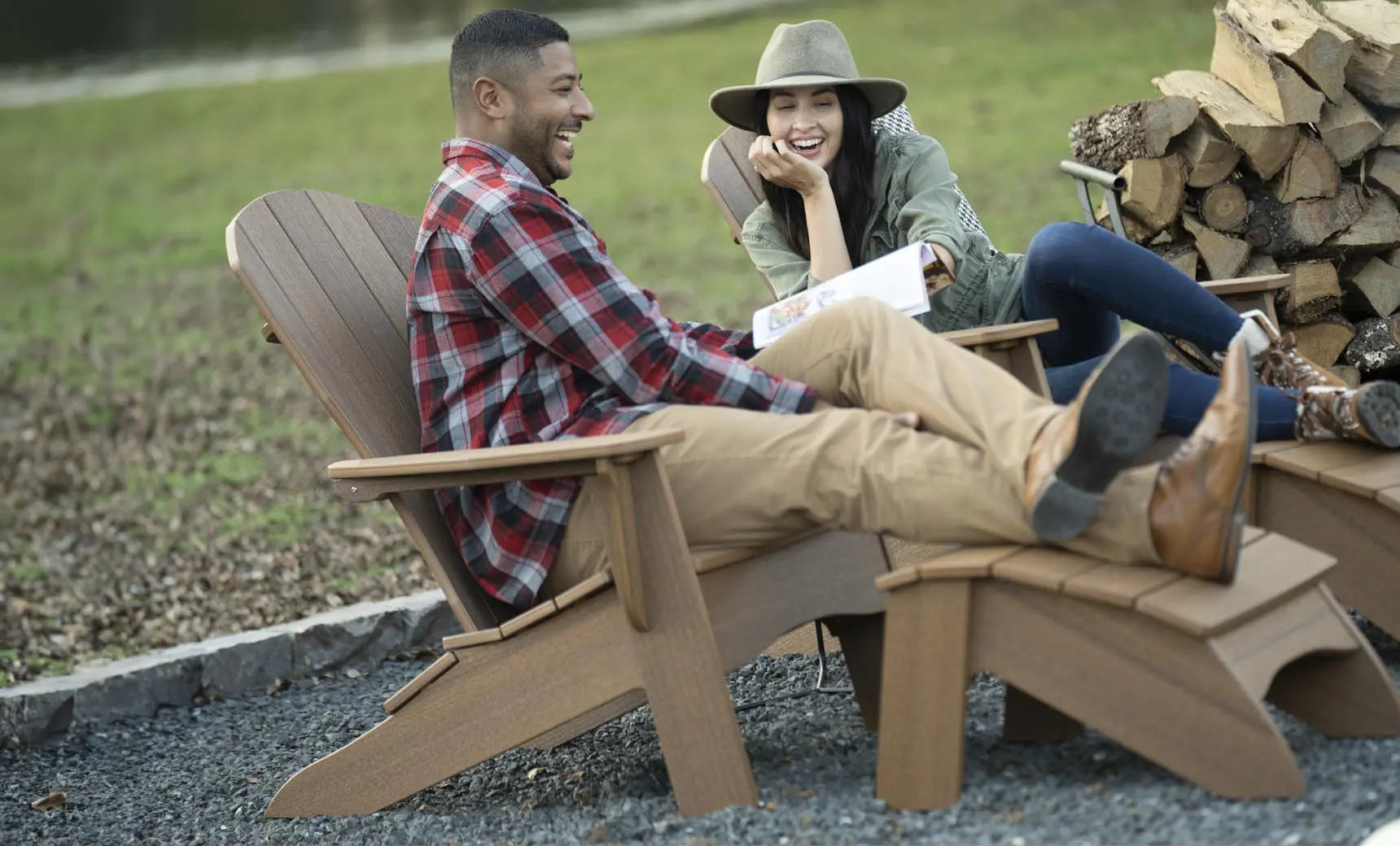 Legacy Adirondack wooden ottoman with woven brown seat and armrests