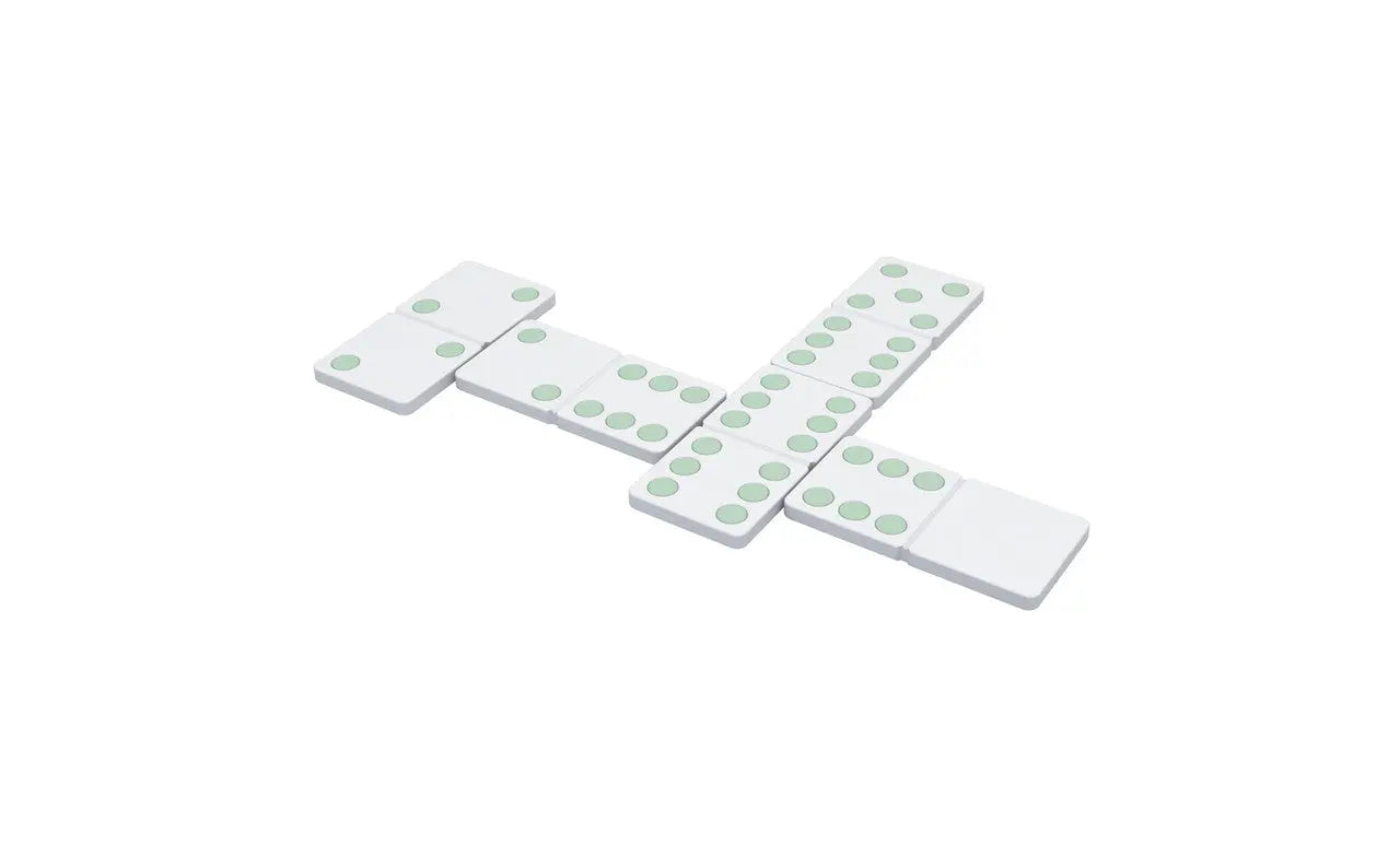 Dominoes tile set featuring black and bone white domino pieces in a fabric pouch.